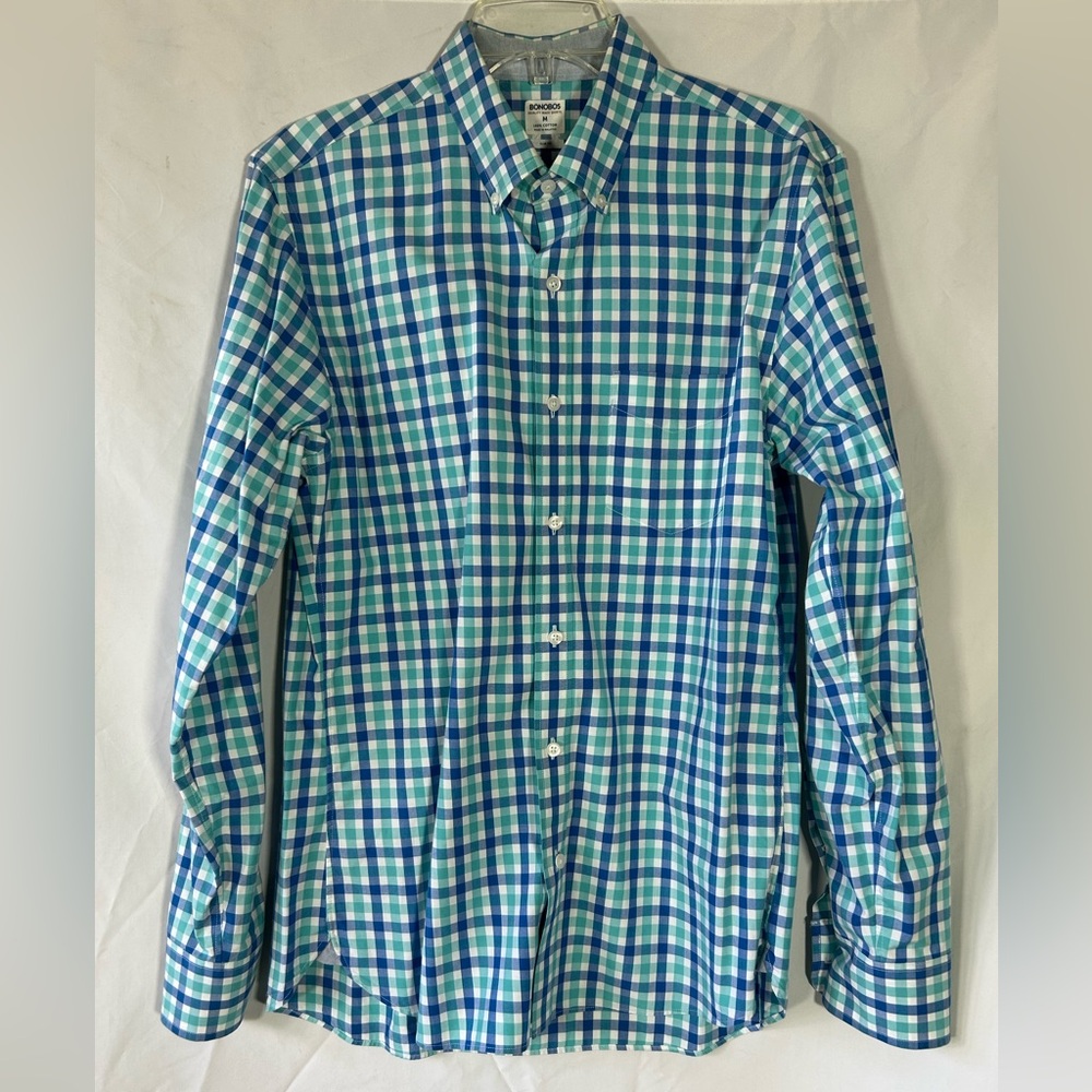 BONOBOS BLUE TEAL SLIM FIT PLAID BUTTON DOWN PREPPY DRESS SHIRT MENS MEDIUM